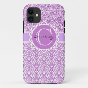 Lila Glitter & Damast mit Name & Initial Cover