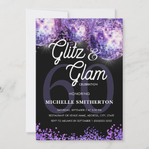 Lila Glitter Disco Glanz Glam 60. Geburtstag Einla Einladung