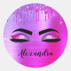 Lila Glitter Funkeln Wimpern Monogramm Name Runder Aufkleber