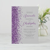 Lila Glitter Grau Moderne Schrift Hochzeit Einladung (Stehend Vorderseite)