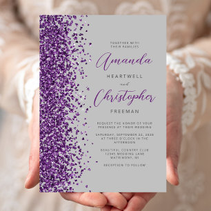 Lila Glitter Grau Moderne Schrift Hochzeit Einladung