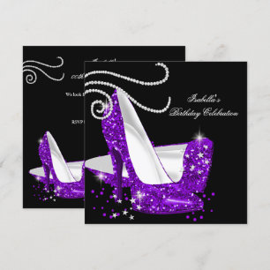 Lila Glitter High Heels Schwarze Geburtstagsfeier Einladung