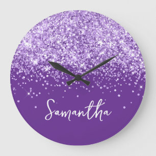 Lila Glitter königliches lila Skript Name Große Wanduhr