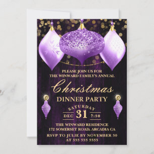 Lila Glitter-Kugeln Weihnachts-Dinnerparty Einladung