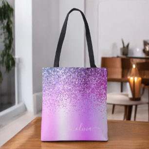 Lila Glitter Monogramm Name Luxus Mädchenhaft Tasche