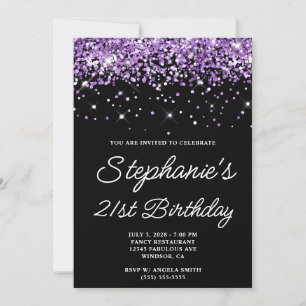 Lila Glitter Schwarz 21. Geburtstag Einladung