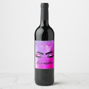 Lila Glitter-Sparkel-Wimpern Monogramm Name Weinetikett