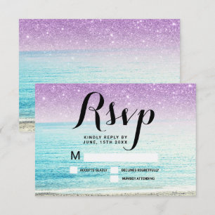 lila Glitter-Strandfoto RSVP Hochzeit Einladung