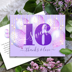 Lila Glitter Sweet 16 Geburtstagsballon Danke Postkarte