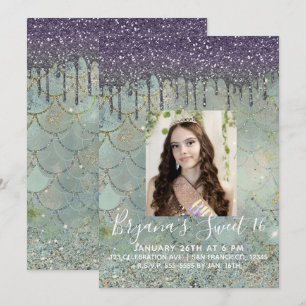 Lila Glitter-Tropf Nixe Sweet 16 Foto Einladung