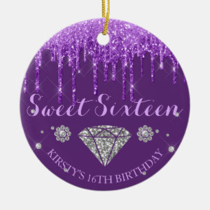 Lila Glitter-Tropfen-Diamant Sweet Sixteen Keramik Ornament