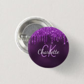Lila Glitter-Tropfen Monogramm-Name Button (Vorne & Hinten)