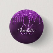 Lila Glitter-Tropfen Monogramm-Name Button (Vorderseite)