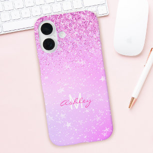 Lila Glitter, Weiße Sterne Schriftname & Monogramm iPhone 16 Hülle
