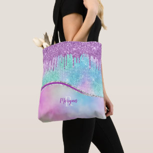 Lila Glittertropfen & Glanz, Name & Monogramm Tasche