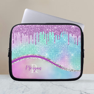 Lila Glittertropfen, Irisierend, Name & Monogramm Laptopschutzhülle