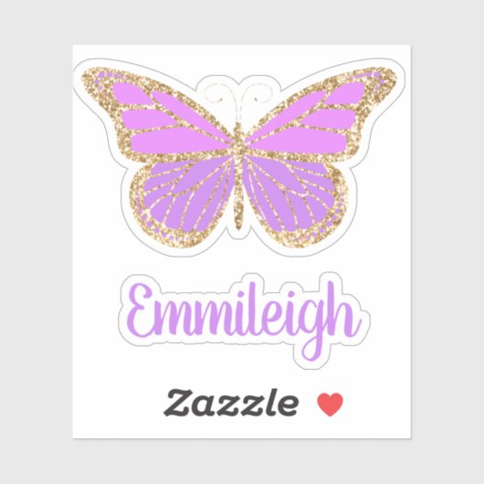 Lila Glittery Gold Butterfly Namensaufkleber Aufkleber (Blatt)
