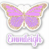 Lila Glittery Gold Butterfly Namensaufkleber Aufkleber (Vorderseite)