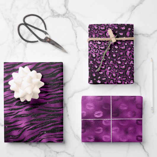 Lila Glitz Zebra Print Geschenkpapier Set (Vorderseite)