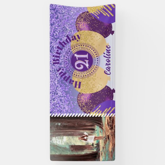 Lila Glitzer 21. Geburtstag & Ballons Banner (Vertikal)