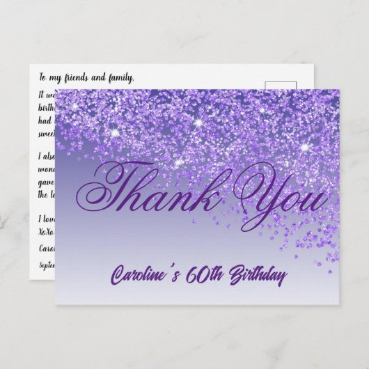 Lila Glitzer, 60. Geburtstag Danke Postkarte (Vorne/Hinten)