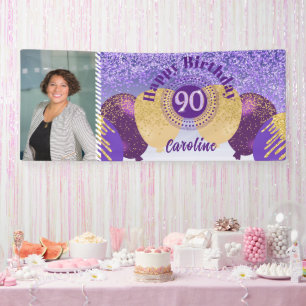 Lila Glitzer 90. Geburtstag & Balloons Banner