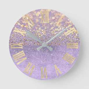 Lila Glitzer-Amethyst Lavendelconfetti-Gold Runde Wanduhr