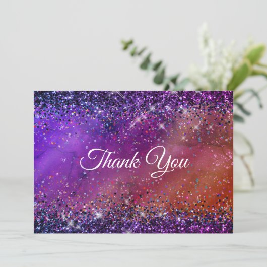 Lila Glitzer aus gebürstetem Metall Dankeskarte (Stehend Vorderseite)