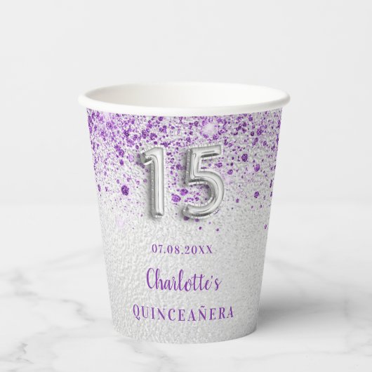 Lila Glitzer aus Quinceanera Pappbecher (Vorderseite)