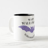 Lila Glitzer Bat Happy Halloween Zweifarbige Tasse (Vorderseite Links)