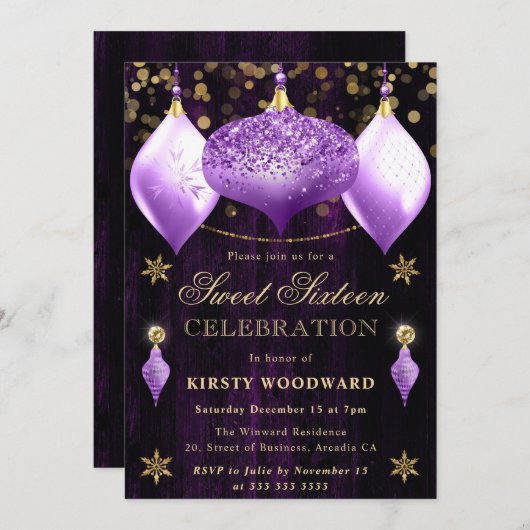 Lila Glitzer Baubles Weihnachtssüß 16 Einladung (Vorne/Hinten)