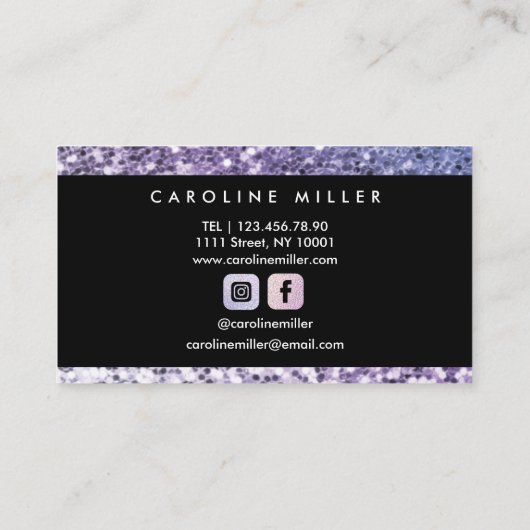 Lila Glitzer Black Monogram Trendy Beauty Salon Visitenkarte (Rückseite)