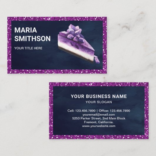 Lila Glitzer Blueberry Cheesecake Slice Bäckerei Visitenkarte (Vorne/Hinten)