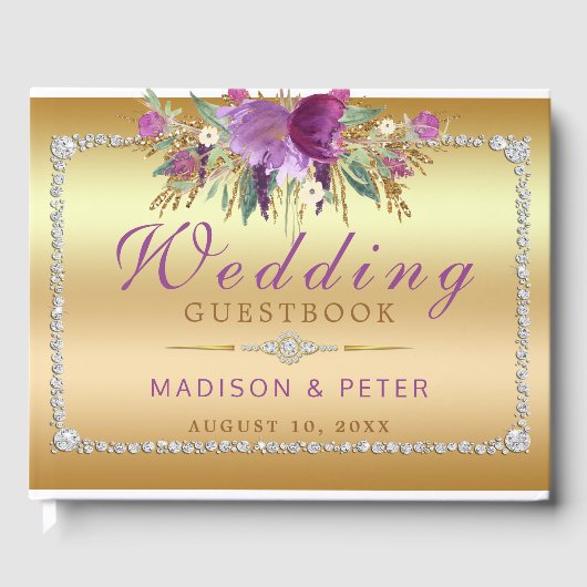 Lila Glitzer Blume Diamanten Hochzeit Gästebuch (Vorderseite)