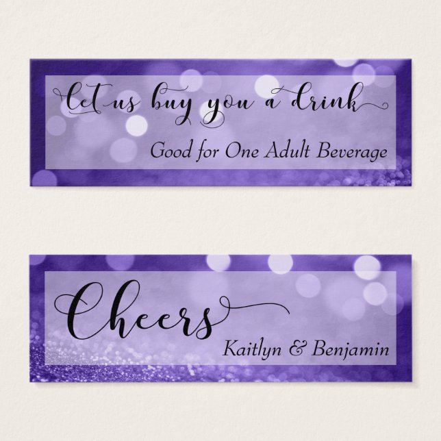Lila Glitzer Bokeh Script Mini Drink Ticket (Vorne & Hinten)