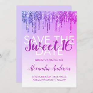 Lila Glitzer-Bonbon 16 Save the Date Einladung