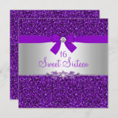 Lila Glitzer & Bow 16 . Geburtstag Einladung (Vorne/Hinten)