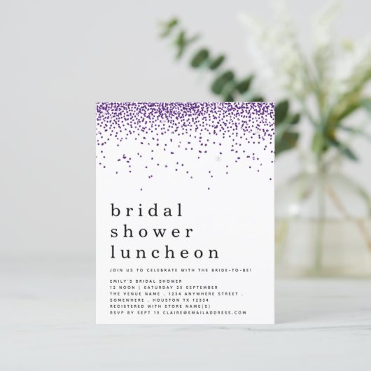 Lila Glitzer Brautparty Einladung (Stehend Vorderseite)
