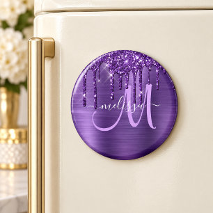 Lila Glitzer Brush Metal Monogramm Magnet