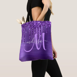 Lila Glitzer Brush Metal Monogramm Tasche