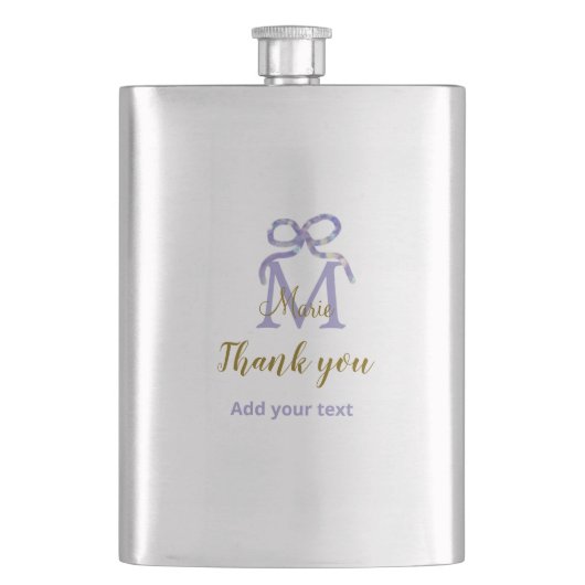 Lila Glitzer-Bug Namensbrief Monogramm Dankeschön Flachmann (Vorderseite)