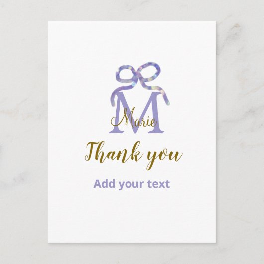 Lila Glitzer-Bug Namensbrief Monogramm Dankeschön Postkarte (Vorderseite)