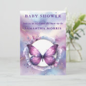 Lila Glitzer Butterfly Babydusche Einladung (Stehend Vorderseite)