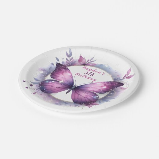 Lila Glitzer Butterfly - Geburtstag Pappteller (Schrägansicht)