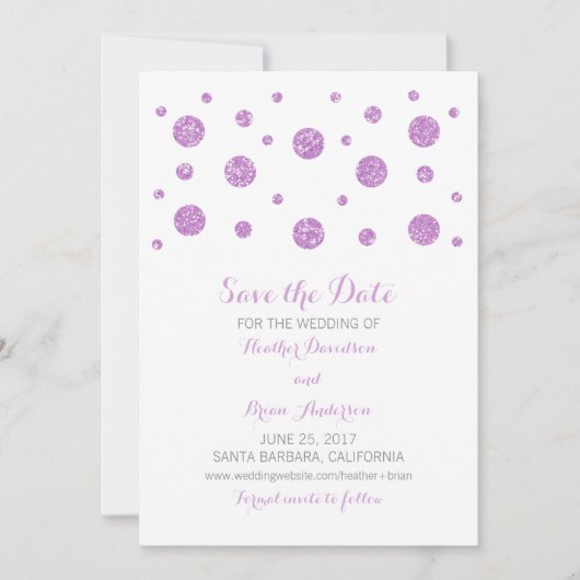 Lila Glitzer Confetti Save the Date einladen (Vorderseite)