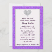 Lila Glitzer Diamond Heart Baby Showdusche einlade Einladung (Rückseite)