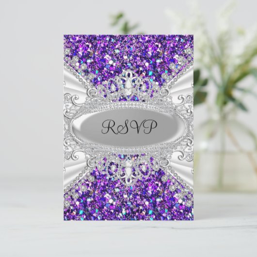 Lila Glitzer Diamond Tiara Sweet 16 UAWG 2 RSVP Karte (Stehend Vorderseite)