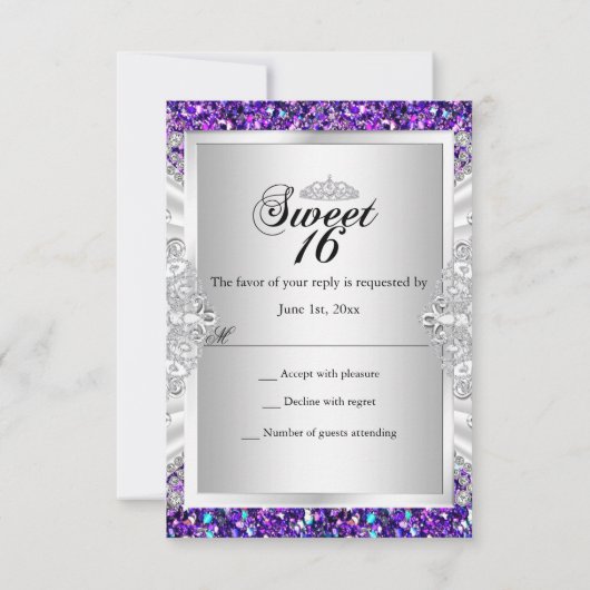 Lila Glitzer Diamond Tiara Sweet 16 UAWG 2 RSVP Karte (Rückseite)