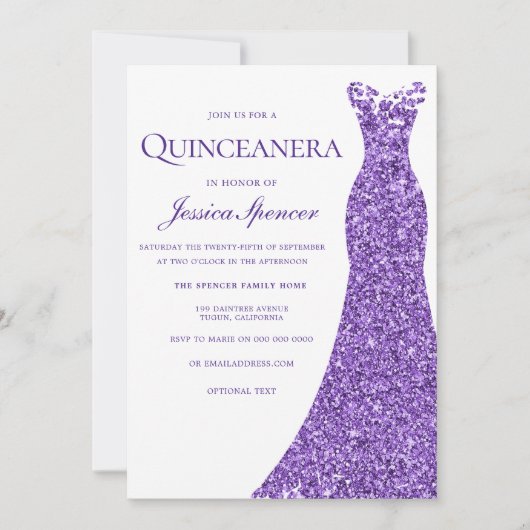 Lila Glitzer Dress Quinceanera Party Einladung (Vorderseite)