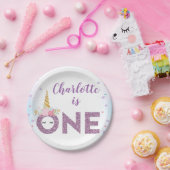 Lila Glitzer Einhorn 1. Geburtstag Pappteller (Party)